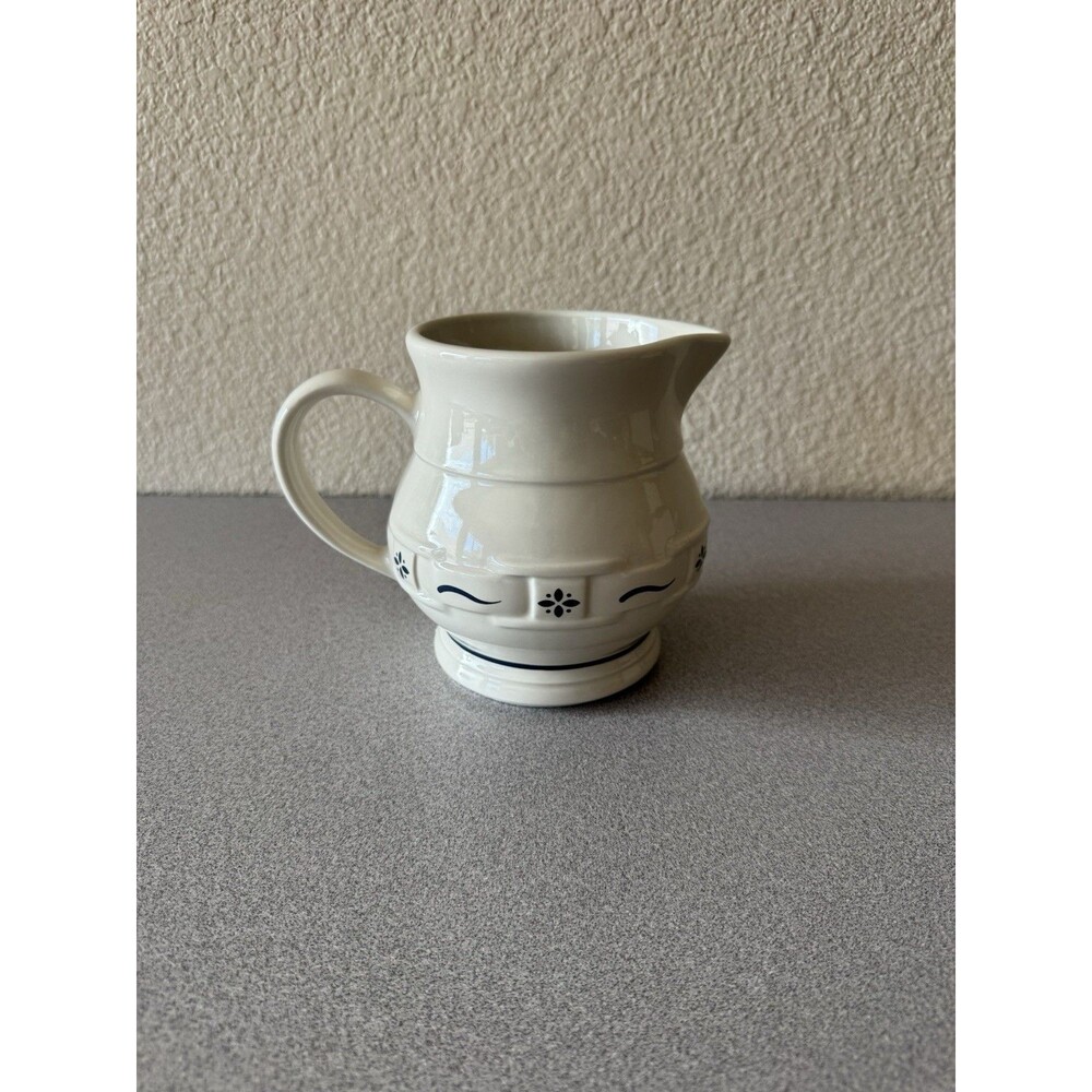 Longaberger Pottery USA Ivory Blue Pitcher Creamer 6” Stoneware